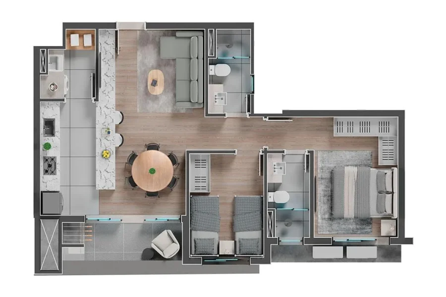 Unidade Tipo - 2 Quartos - 69,84m²